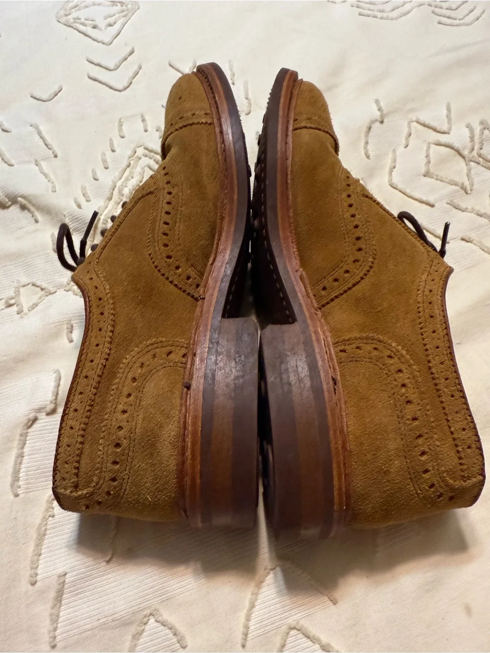Allen Edmonds Tan Suede Wingtip Derbys with Brown Laces